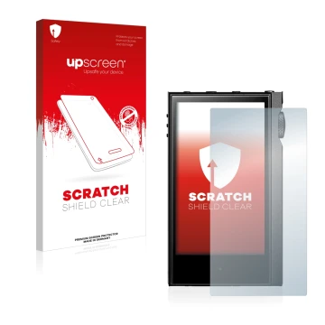 Parte frontal de un envase de producto con el logotipo de la marca upscreen. Al lado se muestra el dispositivo Astell&Kern Kan