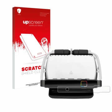Parte frontal de un envase de producto con el logotipo de la marca upscreen. Al lado se muestra el dispositivo Tefal OptiGrill
