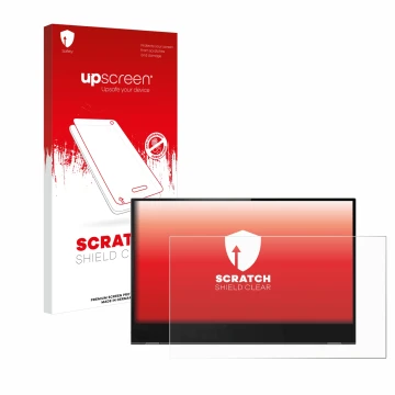 Parte frontal de un envase de producto con el logotipo de la marca upscreen. Al lado se muestra el dispositivo Lenovo ThinkVis