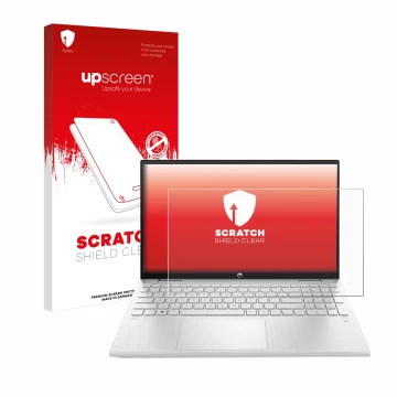 Parte frontal de un envase de producto con el logotipo de la marca upscreen. Al lado se muestra el dispositivo HP ProBook 440 