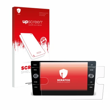 Parte frontal de un envase de producto con el logotipo de la marca upscreen. Al lado se muestra el dispositivo Volkswagen T6 2