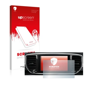 Parte frontal de un envase de producto con el logotipo de la marca upscreen. Al lado se muestra el dispositivo Kia Sportage QL