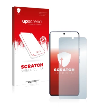 Parte frontal de un envase de producto con el logotipo de la marca upscreen. Al lado se muestra el dispositivo Vivo V21 5G con