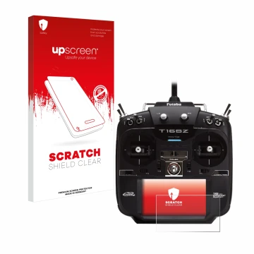Parte frontal de un envase de producto con el logotipo de la marca upscreen. Al lado se muestra el dispositivo Robbe Futaba T1