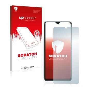 Parte frontal de un envase de producto con el logotipo de la marca upscreen. Al lado se muestra el dispositivo Vivo Y70 con su