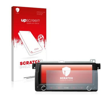 Parte frontal de un envase de producto con el logotipo de la marca upscreen. Al lado se muestra el dispositivo Xtrons PQ8046BL