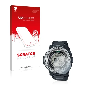 Parte frontal de un envase de producto con el logotipo de la marca upscreen. Al lado se muestra el dispositivo Casio Pro Trek 