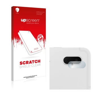 Parte frontal de un envase de producto con el logotipo de la marca upscreen. Al lado se muestra el dispositivo Samsung Galaxy 