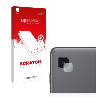 Parte frontal de un envase de producto con el logotipo de la marca upscreen. Al lado se muestra el dispositivo Samsung Galaxy 