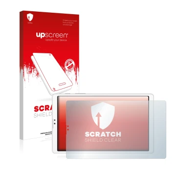 Parte frontal de un envase de producto con el logotipo de la marca upscreen. Al lado se muestra el dispositivo Samsung Galaxy 
