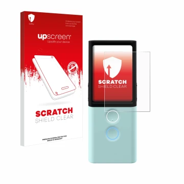 Parte frontal de un envase de producto con el logotipo de la marca upscreen. Al lado se muestra el dispositivo Vasco Translato