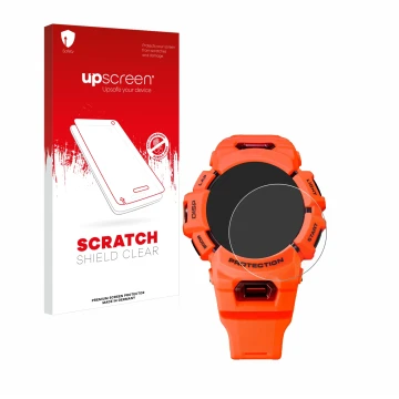 Parte frontal de un envase de producto con el logotipo de la marca upscreen. Al lado se muestra el dispositivo Casio G-Shock G