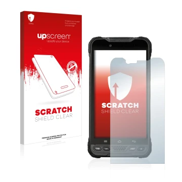 Parte frontal de un envase de producto con el logotipo de la marca upscreen. Al lado se muestra el dispositivo UniStrong UT10 