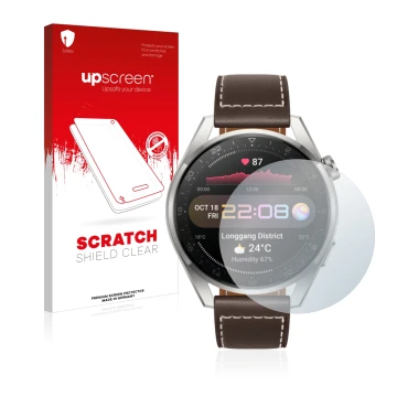 Parte frontal de un envase de producto con el logotipo de la marca upscreen. Al lado se muestra el dispositivo Huawei Watch 3 