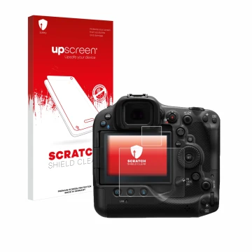 Parte frontal de un envase de producto con el logotipo de la marca upscreen. Al lado se muestra el dispositivo Canon EOS R3 co