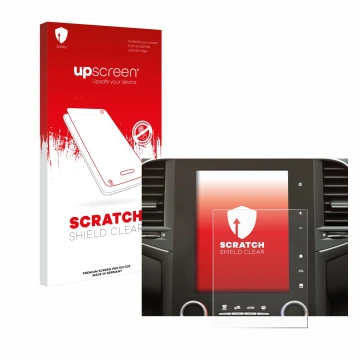 Parte frontal de un envase de producto con el logotipo de la marca upscreen. Al lado se muestra el dispositivo Renault Megane 