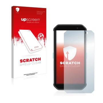 Parte frontal de un envase de producto con el logotipo de la marca upscreen. Al lado se muestra el dispositivo Almex AiM TC601