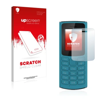 Parte frontal de un envase de producto con el logotipo de la marca upscreen. Al lado se muestra el dispositivo Nokia 105 4G 20