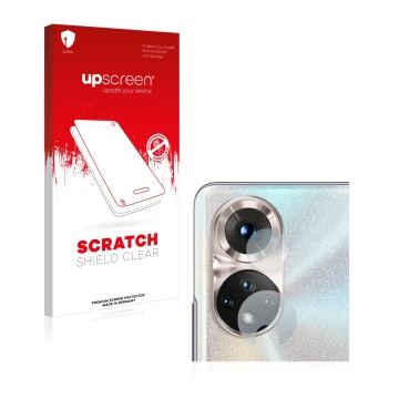 Parte frontal de un envase de producto con el logotipo de la marca upscreen. Al lado se muestra el dispositivo Honor 50 (SÓLO 