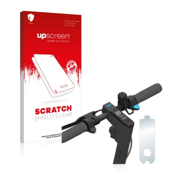 Parte frontal de un envase de producto con el logotipo de la marca upscreen. Al lado se muestra el dispositivo Segway Ninebot 