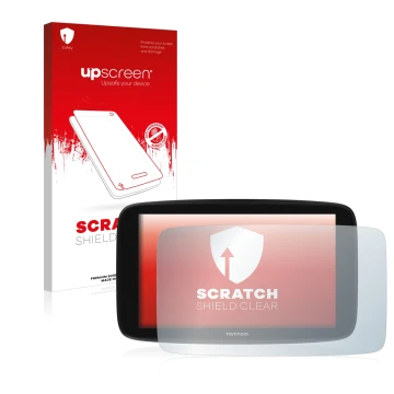 Parte frontal de un envase de producto con el logotipo de la marca upscreen. Al lado se muestra el dispositivo TomTom Go Exper