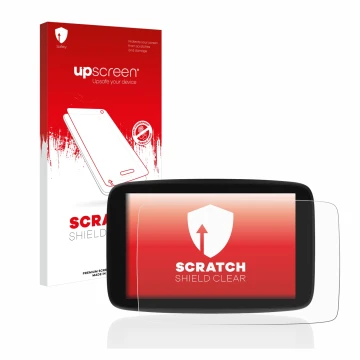 Parte frontal de un envase de producto con el logotipo de la marca upscreen. Al lado se muestra el dispositivo TomTom Go Exper
