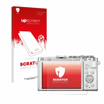 Parte frontal de un envase de producto con el logotipo de la marca upscreen. Al lado se muestra el dispositivo Olympus PEN E-P