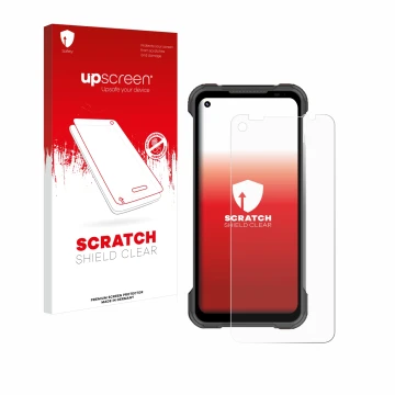 Parte frontal de un envase de producto con el logotipo de la marca upscreen. Al lado se muestra el dispositivo Doogee S97 Pro 