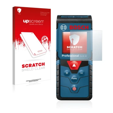 Parte frontal de un envase de producto con el logotipo de la marca upscreen. Al lado se muestra el dispositivo Bosch GLM 40 Pr