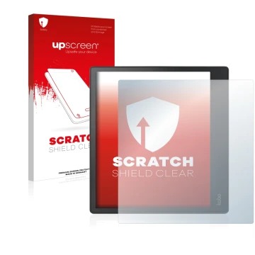 Parte frontal de un envase de producto con el logotipo de la marca upscreen. Al lado se muestra el dispositivo Kobo Elipsa con