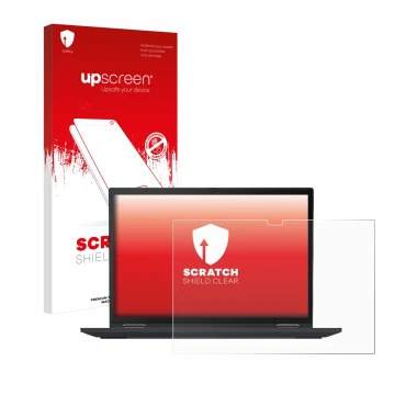 Parte frontal de un envase de producto con el logotipo de la marca upscreen. Al lado se muestra el dispositivo Lenovo ThinkPad