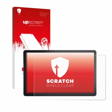 Parte frontal de un envase de producto con el logotipo de la marca upscreen. Al lado se muestra el dispositivo Lenovo Tab P11 