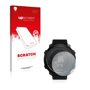 Parte frontal de un envase de producto con el logotipo de la marca upscreen. Al lado se muestra el dispositivo Explopur North 