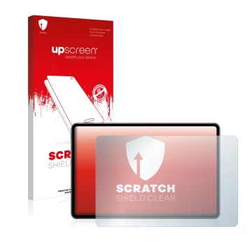 Parte frontal de un envase de producto con el logotipo de la marca upscreen. Al lado se muestra el dispositivo Huawei MatePad 