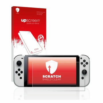 Parte frontal de un envase de producto con el logotipo de la marca upscreen. Al lado se muestra el dispositivo Nintendo Switch