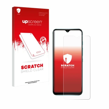 Parte frontal de un envase de producto con el logotipo de la marca upscreen. Al lado se muestra el dispositivo Wiko Power U30 