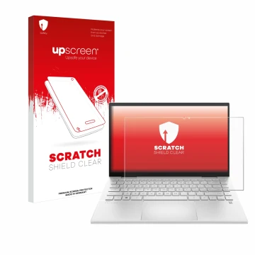 Parte frontal de un envase de producto con el logotipo de la marca upscreen. Al lado se muestra el dispositivo HP Pavilion x36