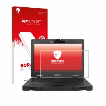 Parte frontal de un envase de producto con el logotipo de la marca upscreen. Al lado se muestra el dispositivo Getac S410 con 