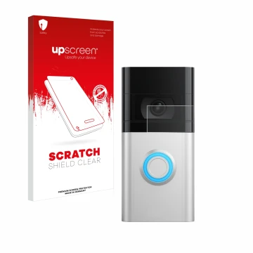 Parte frontal de un envase de producto con el logotipo de la marca upscreen. Al lado se muestra el dispositivo Ring Video Door