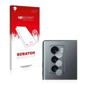 Parte frontal de un envase de producto con el logotipo de la marca upscreen. Al lado se muestra el dispositivo LG Wing (SÓLO C
