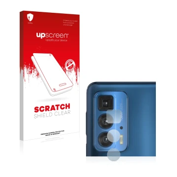 Parte frontal de un envase de producto con el logotipo de la marca upscreen. Al lado se muestra el dispositivo Motorola Edge 2