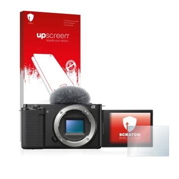 Parte frontal de un envase de producto con el logotipo de la marca upscreen. Al lado se muestra el dispositivo Sony Alpha ZV-E