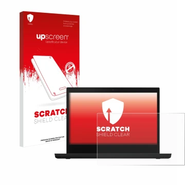 Parte frontal de un envase de producto con el logotipo de la marca upscreen. Al lado se muestra el dispositivo Lenovo ThinkPad