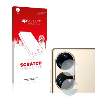 Parte frontal de un envase de producto con el logotipo de la marca upscreen. Al lado se muestra el dispositivo Huawei P50 Pro 