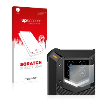 Parte frontal de un envase de producto con el logotipo de la marca upscreen. Al lado se muestra el dispositivo Oukitel WP15 5G