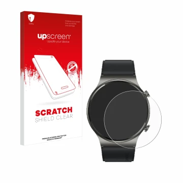 Parte frontal de un envase de producto con el logotipo de la marca upscreen. Al lado se muestra el dispositivo Huawei Watch GT