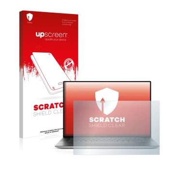 Parte frontal de un envase de producto con el logotipo de la marca upscreen. Al lado se muestra el dispositivo Dell XPS 15 951