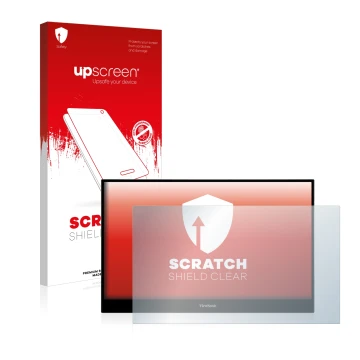Parte frontal de un envase de producto con el logotipo de la marca upscreen. Al lado se muestra el dispositivo ViewSonic TD165