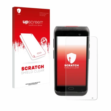 Parte frontal de un envase de producto con el logotipo de la marca upscreen. Al lado se muestra el dispositivo Honeywell CT40 