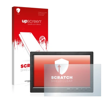 Parte frontal de un envase de producto con el logotipo de la marca upscreen. Al lado se muestra el dispositivo Podofo HD Monit